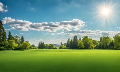 Wide lawn trimmed with precision under a blue sunny sky