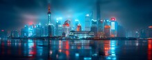 A Captivating Night View Of Shanghais Financial District And Skyline By The Huangpu River In China. Concept Cityscape Photography, Shanghai Skyline, Huangpu River, Night View, Financial District