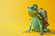 Chameleon in sunglasses and a backpack on a yellow background, cool funny chameleon portrait