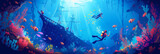 Fototapeta Fototapety do akwarium - Underwater Exploration: Divers Discover Sunken Ship Amidst Vivid Coral Reef Life - Perfect for Adventure and Marine Biology Themes