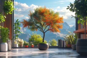 colorful tree in a bright office space with nature background