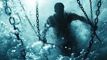 Stuntman Underwater In Chains, Man Trying To Escape Into The Sea