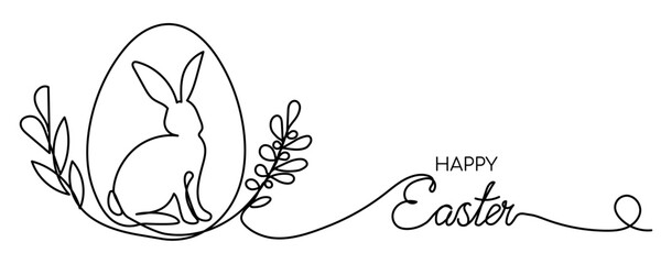 Poster - Hand drawn sketch of easter bunny, eggs and plant branches. Happy Easter lettering typography drawn by one line isolated on white background. Vector illustration in minimal style.