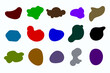 Colorful blob shape organic set. Pebble, inkblot, drops,  stone silhouettes. Set of paint liquid black blotch spot in irregular form. Rounded abstract organic shapes. Flat fluid style vector design. 