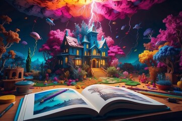 a illustration book opened to a view of beautiful scenery of magic building