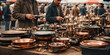 © Myst - People looking at and buying old copper plates and cups on the counter top of a seller in Sunday flea market. Generative AI illustration.