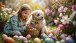 Mädchen und Hund suchen Ostereier im Blumenfeld