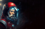 Fototapeta Tulipany - A astronaut with a white beard wearing a red helmet and a red jumpsuit. The background is dark, with a light shining from the left.