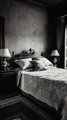 Wall Mural - Black and white photo of a bedroom, a cozy bedroom with a bed and a window
