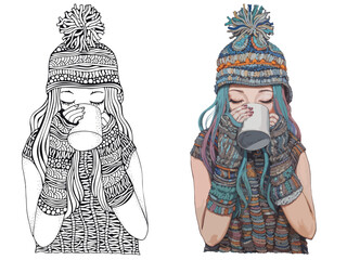 Wall Mural - Cute winter girl drinking hot coffee from a mug. Adult coloring book page. Black and white  Hand drawn picture and coloring picture. Sketch. Hand drawn vector illustration. Zentangle style.