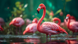 Fototapeta Panele - flamingos against a green background. 