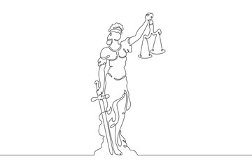 Poster - Statue of justice.Greek goddess of justice Themis.Woman with sword and scales. One continuous line drawing. Linear. Hand drawn, white background. One line