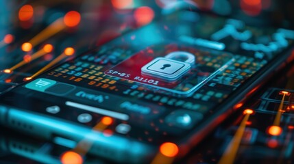 Wall Mural - Close-up of a mobile device receiving a vibrant secure payment alert from a popular e-commerce app, featuring a padlock icon