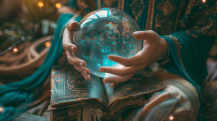 Hands of an female fortune teller around a crystal ball, Magic crystal ball in a hands on vintage ethnic backgrounds.