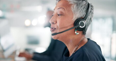 Aufkleber - call center, woman and happy with consulting and telemarketing with customer service and headset. co