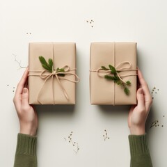 Poster - Two hands holding two wrapped presents on a white surface. Generative AI.