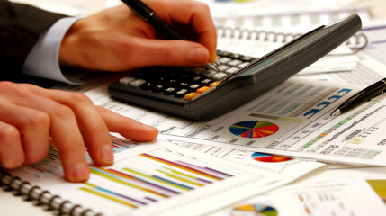 Canvas Print - A close-up view of hands using a calculator and pen to work on financial charts and data reports on a desk.