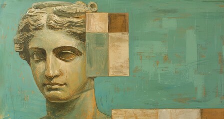 Wall Mural - Contemporary Art. Geometric composition with Greek sculpture and geometric objects. Sculptural female head in antique (Greek, Roman) style. Beauty in stone. Illustration for varied design.