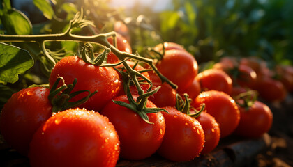 Wall Mural - tomatoes on a branch against the background of a vegetable garden. ripe tomato harvest on a branch.