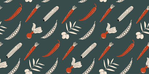  Seamless pattern with hand draw organic vegetables. Organic food horizontal banner, background. Vector illustration with texture.