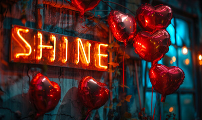 Wall Mural - Illuminated red neon SHINE sign surrounded by glowing red heart-shaped balloons against a dark backdrop, evoking romance, celebration, and festive brightness