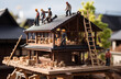 Baustelle mit Bauarbeitern, Holzgerüst an der Hausfassade aufgebaut, Miniatur Modell Miniaturfiguren