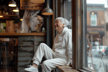 Wall Mural - Full length photo of an older business woman, still with bright gray admiring eyes and a beautiful face, gray short-cropped hair, laughing, clothes, white sweatpants, sneakers and a hooded sweatshirt