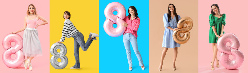 Wall Mural - Collage of beautiful young women with balloons in shape of figure 8 on color background. International Women's Day