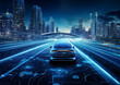 Vernetzter Straßenverkehr, Digitale Automobile, Futuristischer Straßenverkehr mit leuchtenden Light Streams