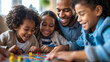 A loving family gathers around a colorful board game, laughing and bonding on a cozy rainy day indoors. The excitement builds as they strategize and take turns, creating cherished memories t