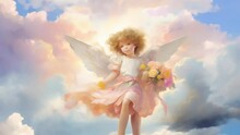 Cherubic Young Angel With Wings, Holding A Bouquet. Soft Background, Cloud-filled Sky. Oil Painting Style. Concept Of Innocence, Purity, Celestial Beings, Peaceful Skies And Easter.