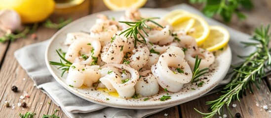 Sticker - Plated squid with lemon and rosemary on a wooden table.