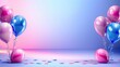 © LaVisionique - The image captures a celebration scene with several shiny helium balloons in shades of pink and blue, floating above a smooth surface. The background fades from a soft pink to a gentle blue, creating