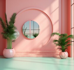 Wall Mural - A pink room with a round window and two potted plants. Generative AI.