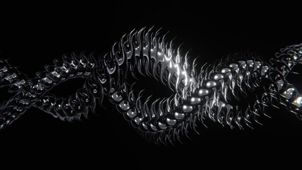 Poster - Abstract 3D chrome snake shape dragon skin scales infinity knot DNA background. Computer graphics rendered wallpaper 4K