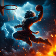 Monster basketball player slam dunk the ball into basket. Fantasy scene with fire, flame, smoke and explosion, background is snow, thunderbolt, flashlight and blizzard. Wallpaper and Wall Art