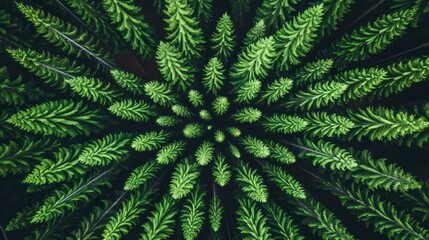 Top view of lush green fern leaves forming a natural spiral pattern, perfect for backgrounds and nature themes.