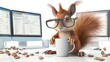 A charming 3D squirrel, donning glasses, engrossed in coding as a skilled software developer. This adorable critter works diligently amidst a clutter of multiple monitors and relies on a tru