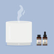 Ultrasonic diffuser, flat vector illustration. Essential oil diffuser with bottles of essential oils.