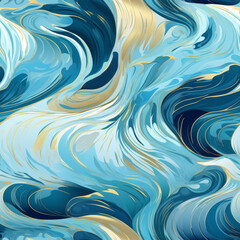 Sticker - Seamless pattern of shimmering curving waves elegant and sensual blue tones aqua green rich gold tones backdrop wallpaper background