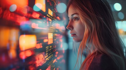 Businesswoman girl uses graphical interface of the future. Futuristic concept