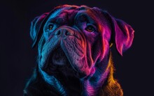 Dramatic Portrait Of A Boxer Dog With A Vibrant, Colorful Light Display That Accentuates Its Features Against A Dark Background..
