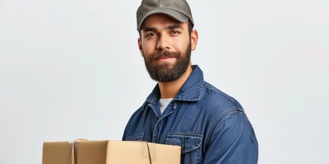 Wall Mural - A man with a beard and a blue shirt is holding a box. Generative AI.