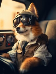 Canvas Print - A dog wearing a pilot's hat and goggles sitting in a car. Generative AI.