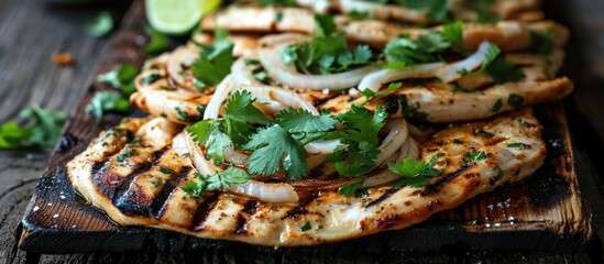 Wall Mural - Grilled chicken flatbreads with onions and cilantro.