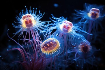 Poster - A group of jellyfishs floating on top of a body of water. Generative AI.