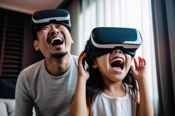 Canvas Print - A man and a little girl are laughing while wearing virtual reality glasses. Generative AI.