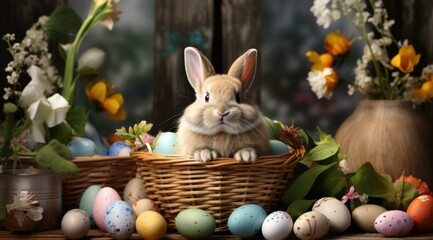 Wall Mural - A bunny is sitting in a basket with eggs. Generative AI.