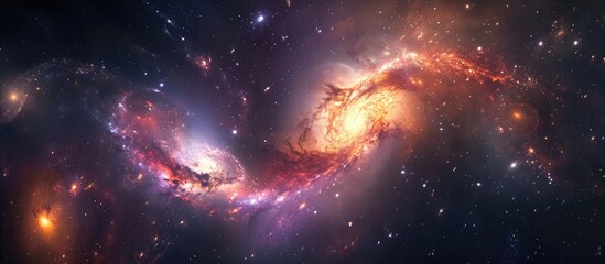 Wall Mural - Galaxies combining and exchanging matter, forming a merger with interstellar gas and numerous stars.