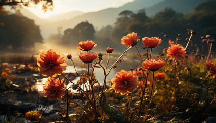 Sticker - Sunset meadow, vibrant flowers bloom in nature tranquil landscape generated by AI